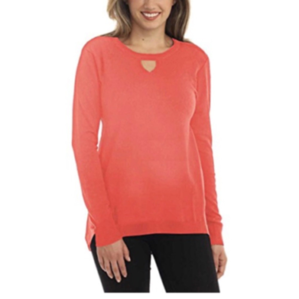One A‎ Womens XL Deep Coral Mixed Media Keyhole Neck High Low Knit Sweater NEW
